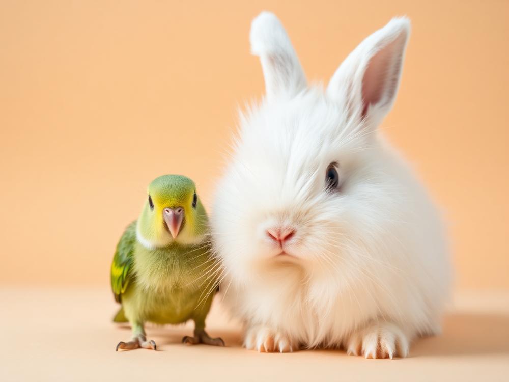 A white rabbit beside a small green parrot