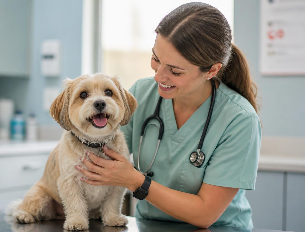 Veterinarian gently examining a small dog